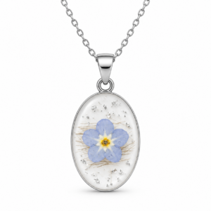 Trauerschmuck Kettenanhänger - Vergissmeinnicht auf Haaren oval silber